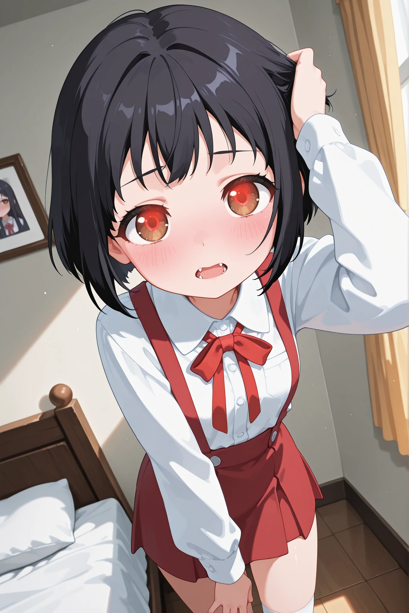 score_9, score_8_up, score_7_up, source_anime, Hasegawa Hanako, short hair, black hair, brown eyes, skirt, shirt, ribbon, uniform, white shirt, red ribbon, suspenders, small breasts, blushing, viewer's perspective, alone, cowboy shot, Dutch angle, indoors, bed, bedroom, sideways, blushing, touching hair,
viewer's perspective, Dutch angle, cowboy shot

Hiiragi Hanako, short hair, black hair, bangs, glowing eyes, red eyes, shadowed face, open mouth, fangs, uniform, collared shirt, white shirt, long sleeves, small breasts, high waist skirt, suspenders, red skirt, thighs, white socks, loafers