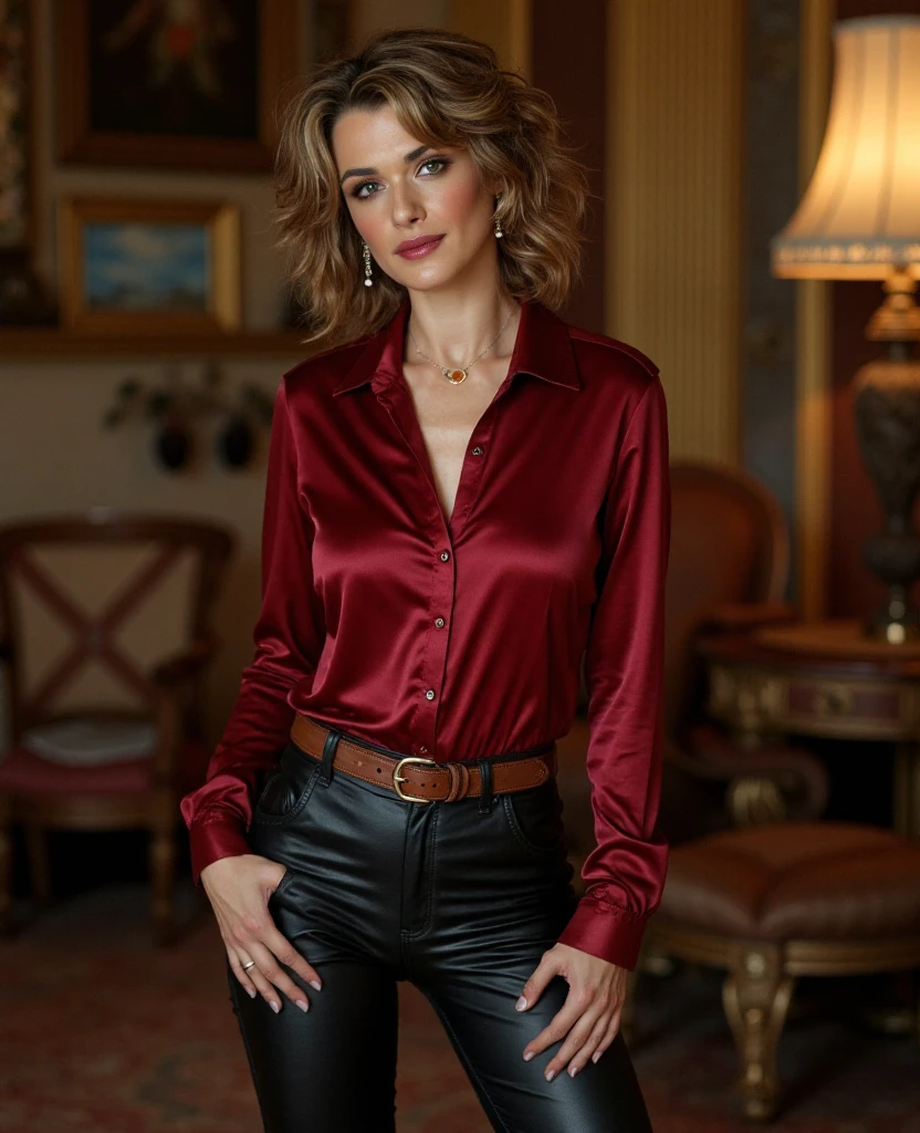 38yo MATURE MILF as CORPORATE LADY, BOSS lady, unbuttoned ((TIGHT satin red shirt)), white trousers, ((KNEE high boots)), posing in boardroom meeting, day scene, seductive face, look straight at camera, standing, tied up high ponytail hair, erotic adult face, soft volumetric lights, intricate details, slightly curvy (ArtStation:1.2)