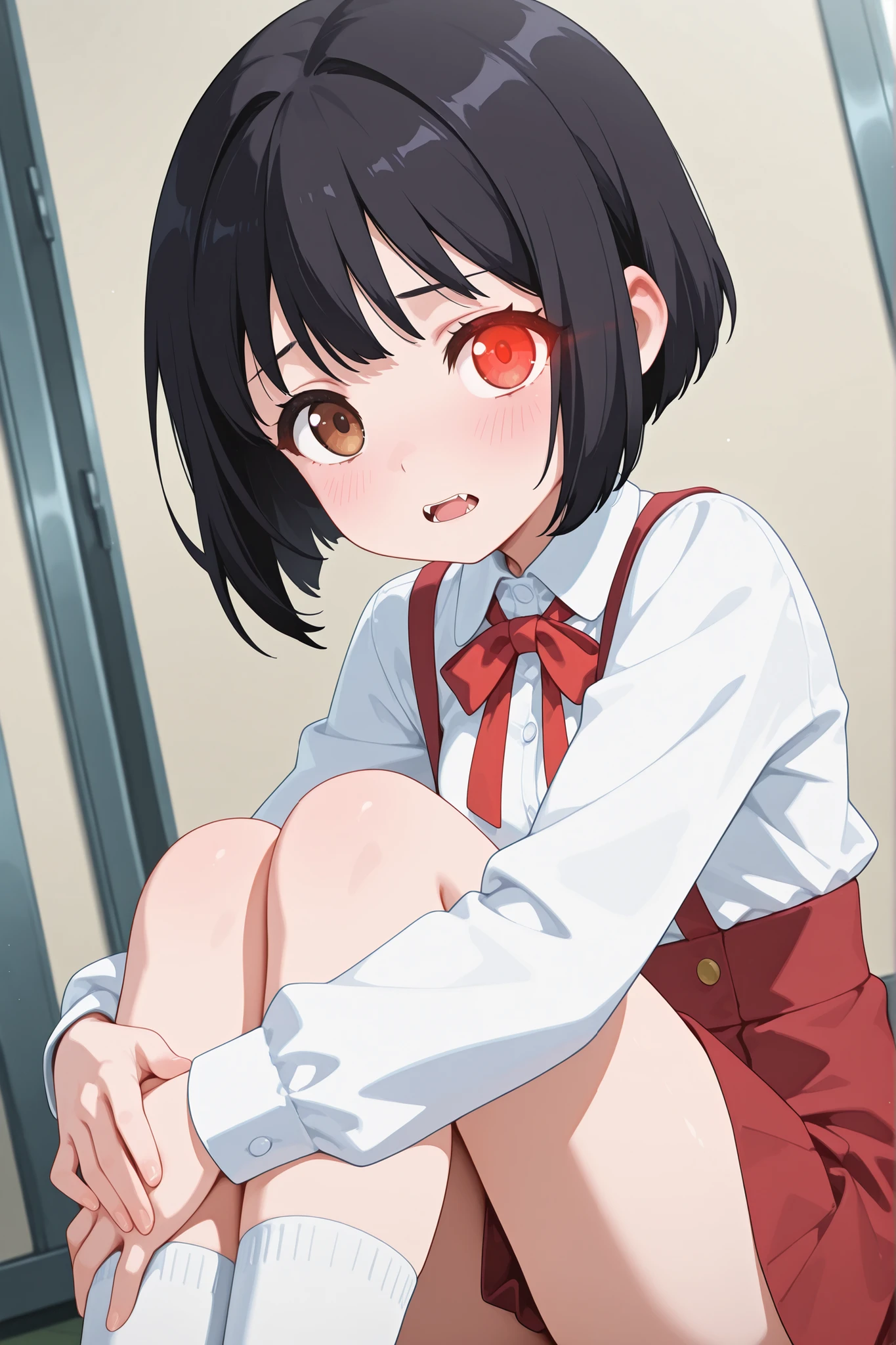 score_9, score_8_up, score_7_up, source_anime, Hasegawa Hanako, short hair, black hair, brown eyes, skirt, shirt, ribbon, uniform, white shirt, red ribbon, suspenders, small breasts, blushing, looking at viewer, alone, cowboy shot, dutch angle, indoors, transparent background, simple background, looking at viewer, hugging her legs, legs together,
Hiiragi Hanako, short hair, black hair, bangs, glowing eyes, red eyes, shadowed face, open mouth, fangs, uniform, collared shirt, white shirt, long sleeves, small breasts, high waist skirt, suspenders, red skirt, thighs, white socks, loafers