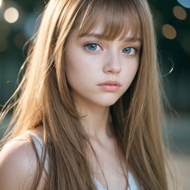 nighttime, raw photograph, ((Portrait of extreme beauty))), (bright skin)), 1 girl, Prague, 14 years old, pretty, cute girl, (Bright blonde hair with natural luster)), [Blue Eyes], shiny oily luster skin, Smooth hair, Long straight hair, Eyeliner, bangs, hair between the eyes, I flapped my wings., ((masterpiece, High Qualityสุด, ultra-detail, film light, intricate detailed, high-res, 10, Very detail)), detailed background, 10 UHD, DSLR, Soft light, High Quality, grain of film, Fujifilm XT3, shallow depth of field, natural light, (perfect hands), Perfect beautiful face