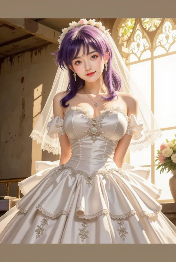 A stunning CG-style artwork featuring one girl, the girl from the anime ""Mahou Shoujo Madoka Magica"". The overall composition should have visual grandeur, clarity and vividness, with a sense of (elegant and gorgeous). aim for a stylized CG aesthetic. Ensure that the girl is prominently featured in the composition. strive for an epic and visually stunning artwork.
A stunning and captivating CG-style artwork of a bride wearing an exquisitely beautiful wedding gown. The artwork should be full of vibrant colors and intricate details, showcasing the bride's elegance and grace. The overall composition should be grand and awe-inspiring, with a sense of romance and enchantment. Please avoid generating an artwork that is too simplistic or lacks detail, and instead aim for a breathtaking and visually stunning piece. Additionally, please ensure that the bride's features are delicate and feminine, with a sense of serenity and joy.
one girl,(Miki Sayaka),She has (short blue hair), (blue eyes), detailed eyes,wears a hairclip. (pink lips),she has medium breasts. She wears a white cape, (wedding dress:1.2), white gloves, and white thighhighs.((extremely delicate and beautiful fabric)).
(The picture (features well-defined) and (sharp edges):1.2).
smirk,blush,looking at viewer,
masterpiece,best quality,extremely delicate and beautiful,high resolution,8K,HD,clear,vivid,beautiful,sexy,perfect anatomy,(good anatomy:1.2),highly detailed background,(inside the wedding chapel),(highly detailed wedding chapel),(extremely detailed and clearly girl:1.3),Vibrant hues,Intense shades,(realistic:1.2),(CG:1.3),(unreal engine:1.2),sunny,daytime,intricate fabric,