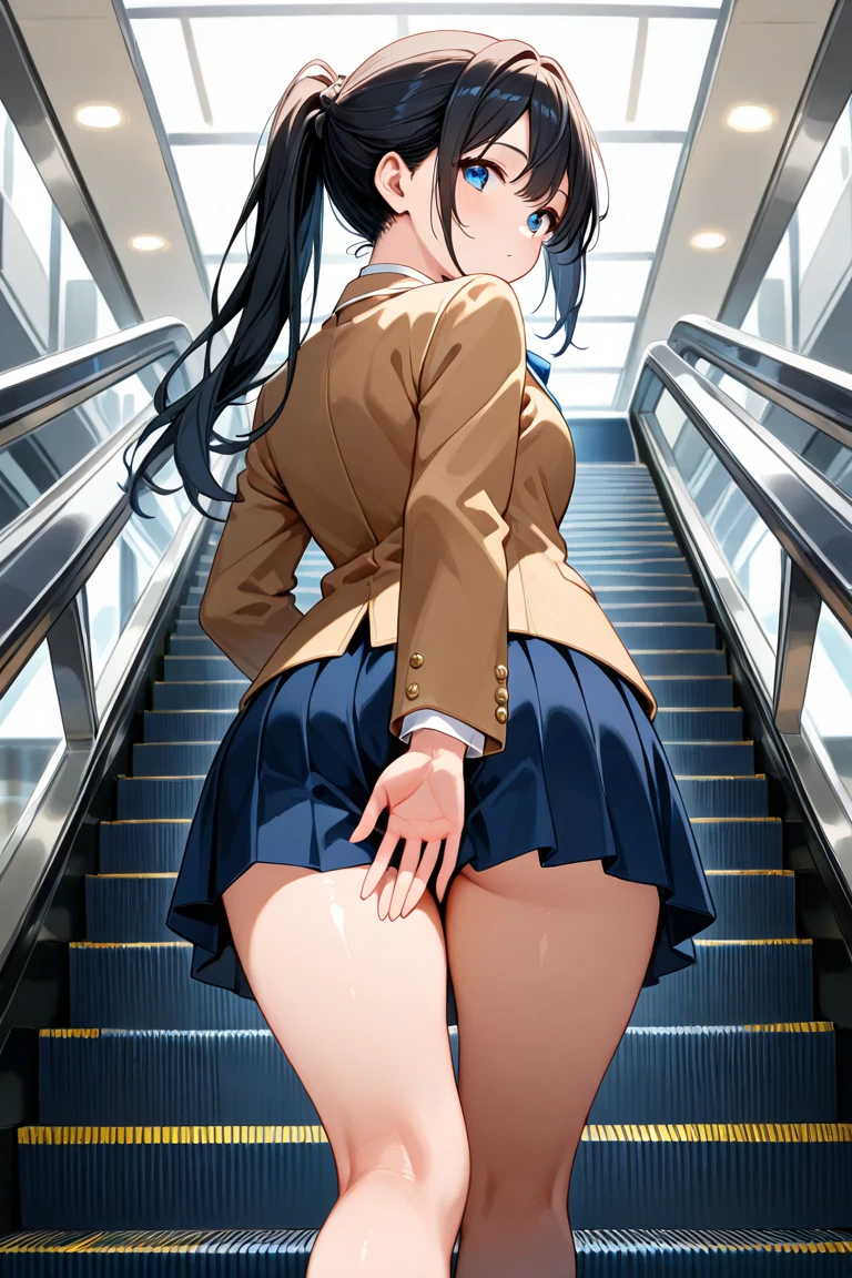 highest quality, ultra high resolution, (realistic: )2D official style cel animation,(multiple views)Amagami Tsukasa Ayatsuji,high school girl,uniform,gray mini skirt,summer shirt,light blue panties,loose socks,sneakers,long hair,straight hair,full body portrait,(from below),station stairs,Sunny,smile,(Low - Angle)