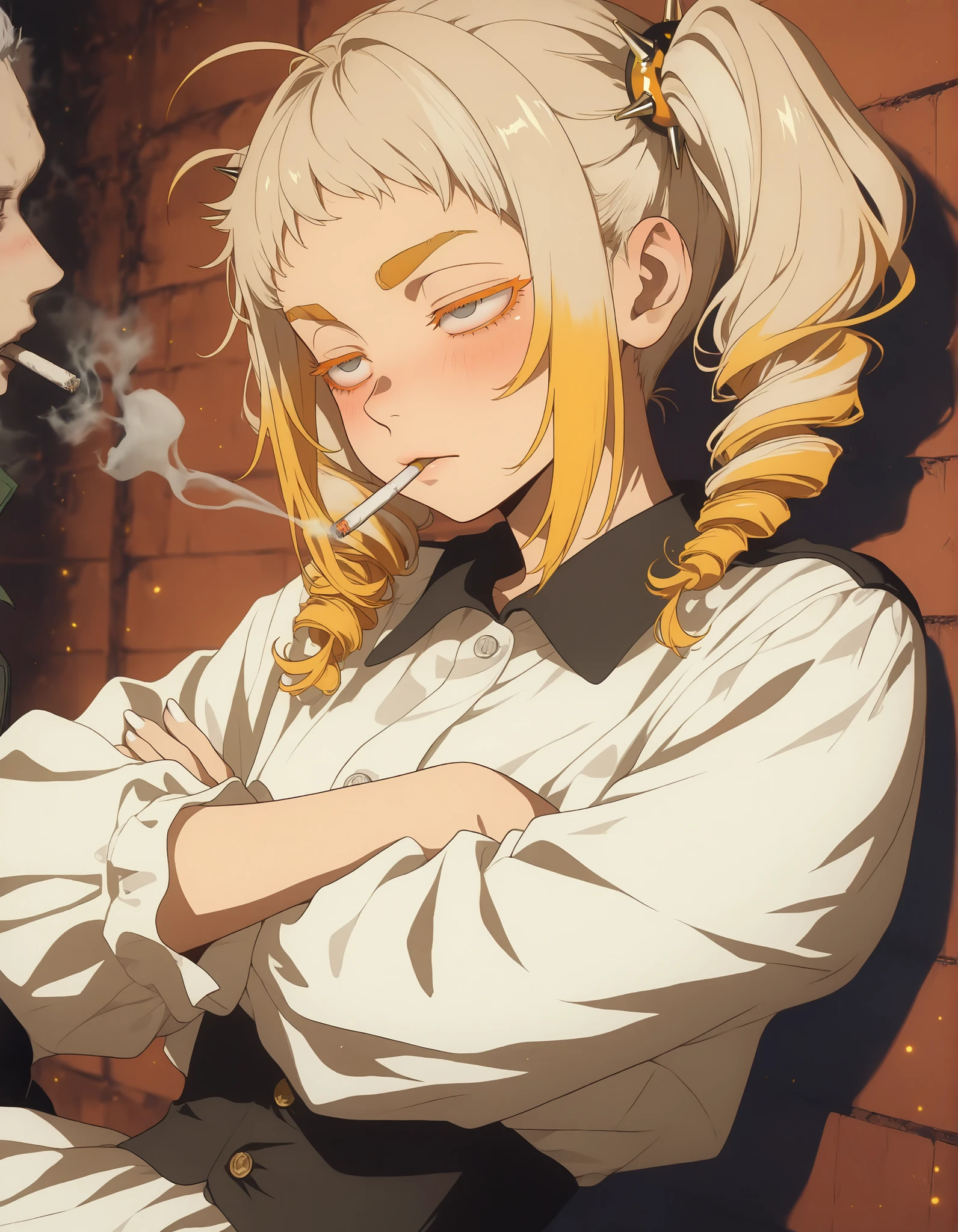 Masterpiece, best quality, very aesthetic,  1girl,solo, (white nails, thick eyebrows), beige skin tone, upper body, from side, slender body, blush, calm, closed mouth, looking side, (gray eyes, orange eyelashes, tareme eyes, constricted pupils, half closed eyes),(medium hair, yellow ahoge, spiked hair ornament, twin drills, beige hair, multicolored hair, yellow tips hair, sidelocks, ,short bangs, shiny hair), leaning back, on wall,  cigarette on mouth, smoker, smoke, dynamic pose ,crossed arms, leaves, dark atmosphere,4k,  soft focus, particles, anime coloring, anime screencap,  white dress, long sleeves,collared dress, black corset, aesthetic, LDSCH, anime screenshot,  usnr