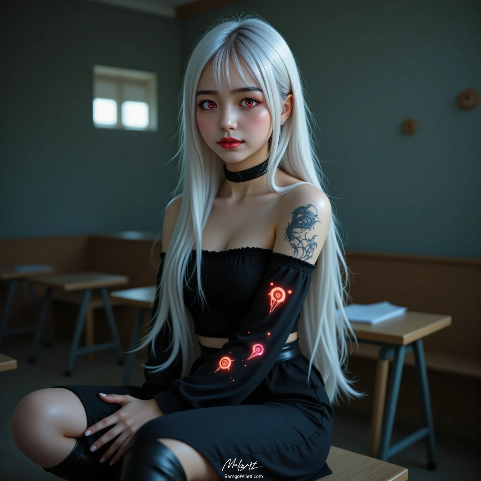 realisticlying, A high resolution, a 1 woman, shiny skins, Alone, Tattooed with, jewely, redish pink lips, long whitr hair, blueneyes, Keep your mouth shut, hip-up, The shirt, shorter pants, 校服, ‎Classroom