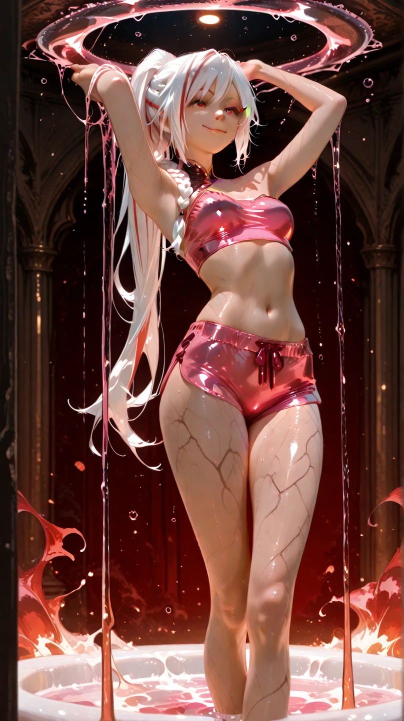tmasterpiece, best qualtiy, 8k,Photographic reality,realisticlying,rendering by octane ,((kneels on the ground:1.4))(The picture shows only one woman:1.33),(Long blonde hair),(Pink sports vest|Black yoga pants), Japanese gym exercise handcuffs,Moisture spray,Bind the body with a rope,weeping,Spread your legs apart,teary,Put your hands behind you,see-through transparent clothes,A milky viscous liquid flows from between the legs,Insert a tube between the legs,pregnant women with,Lots of pink liquid,Completely naked,Drug injections,Huge ,Pull beads,Yin ring,Lingerie transparent,Nipple studs,Yin chain,No underwear,Punk collar,A large number of medical syringes,Lots of sex toys,Tulle coat,A large number of drugs,There was a lot of medicine scattered on the ground,Casual pose,Plenty of used condoms,Expose the ,Mouth open,The belly is exposed,Stick out her tongue,There are complex heart-shaped tattoos on the lower abdomen,The uterus is outside the body,Medical needle insertion,autologous medical syringe-insertedbody,Bare abdomen,Surrounded by naked men(Naked men watching,Pee in front of everyone,Sit or squat or kneel