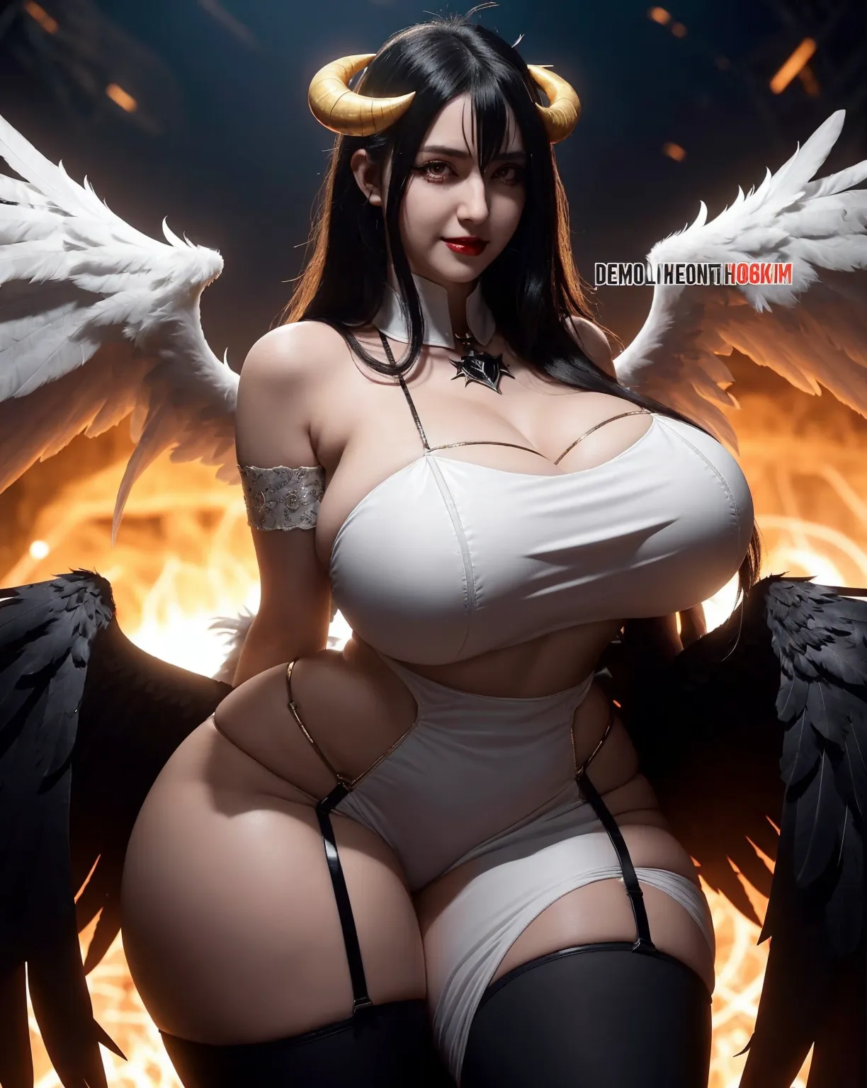 1girl, victoria, medium shot, fallen angel, large wings, dark feathers, (fully nude), front view, big breasts, abs, slim waist, thick thighs, large hips, standing straight, long hair, thicc body, plain dark background, detailed textures