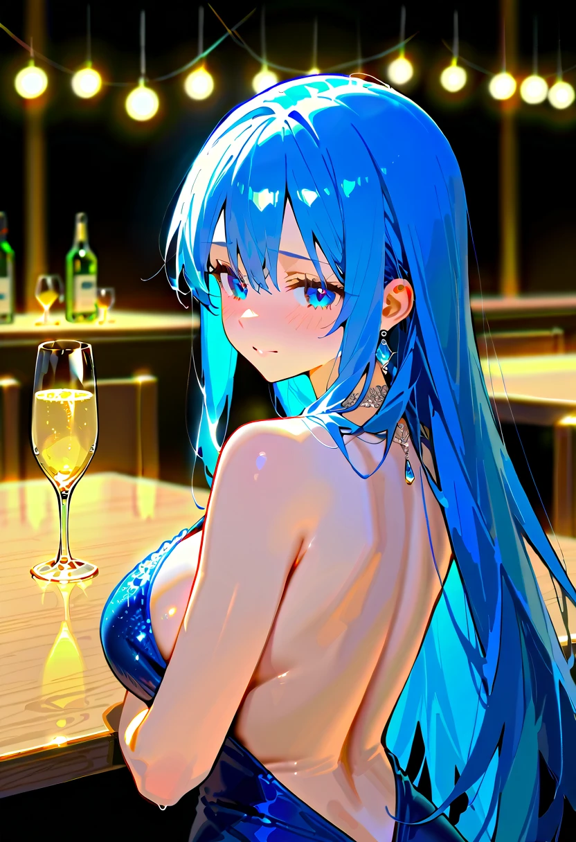 ((Highest quality)), ((masterpiece)), (detailed), 1 blue-haired elf witch, sexy,Night Pool Restaurant,Drinking a fancy cocktail,Stylish bikini,Table in the water,The background is the sea and the starry sky.,innertube,Seductive pose,