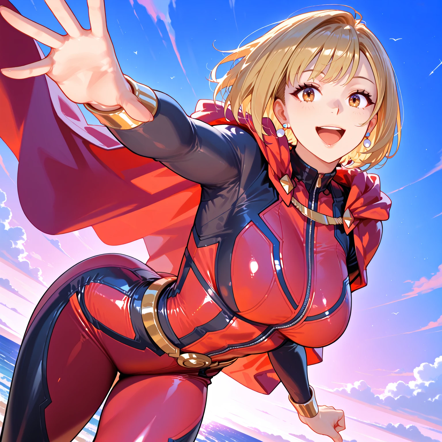 one woman,20-year-old,((smile)),((micro skirt, bodysuit and short cloak,,((The bodysuit is torn))hero pose
