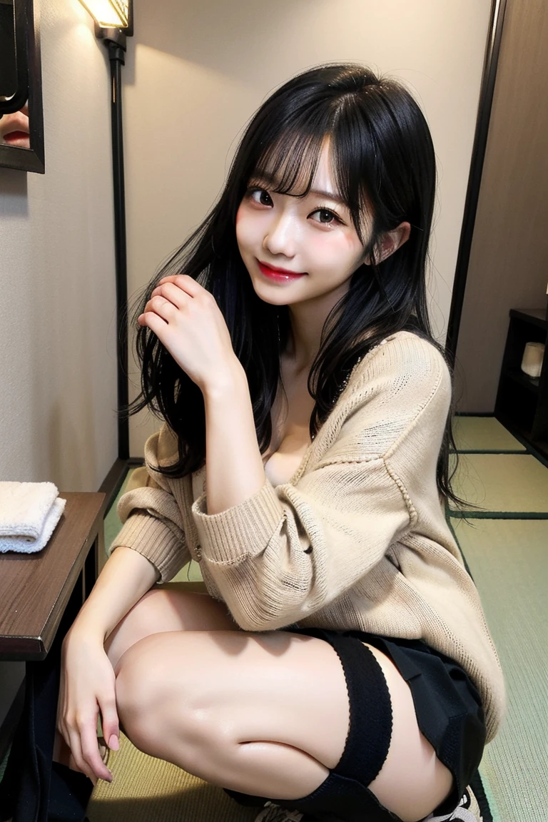 ((Thin long-sleeved knit,、details transparent panties、thighs thighs thighs thighs:1.2))、Moe Sleeve、(realisitic、Photorealsitic、ultra-detailliert、Highest Details Skins、top-quality、​masterpiece、超A high resolution)、Cute Japan Woman、sixteen years old、younggirl、I have bangs、二重まぶた、drooing eyes、Large black eyes、Western-style face、Cute smile、Charming、purity、Straight face、double tooth、View here、Realistic skin type
