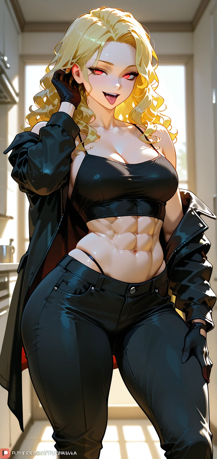 blush, smileglowing aura, natural light, masterpiece, glossy skin, juicy lips , sexy, hot, cleavage, evil,juicy lips, bimbo, ((Cynthia )), pokemon, hour glass figure, blonde hair, ((slendered abs:1.4)), wide eyes, blue eyes, (gigantic breasts:1.2), hair covers one eye, dark lighting, long hair, (black boots), light blonde hair, ((lace thigh highs)),juicy lips, ((black lace bra:1.5)), ((black coat:1.3)), fuzzy boots, (((smirk)))