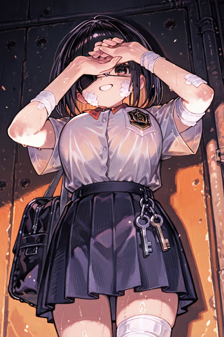 1girl（（Long dark brown hair、pig tail）、blindfold、hair band、Cotton shirt、skirt,White Silk Sexy Lingerie、,garter belt、Red School Bag、a girl, tall, height 1.3meters,  30kg,,slim,(shackles,restrained)）