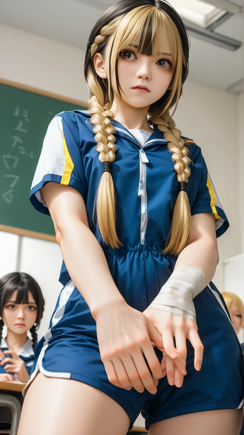 (Highly detailed CG Unity 8k), (highest quality),(Very detailed),(Ultra-high resolution), Multiple high school girls, (white cloth gag:1.3), Sailor suit, rope bondage, breasts rope bondage, hands back rope bondage, leg rope bondage, thigh rope bondage, (bust rope bondage:1.4), feet rope bondage, Put your arms behind your hips, Wrists tied, Tie your ankles, (Gagged with a white cloth:1.3), Dark Blue Skirt, classroom, (Blindfolded with white cloth:1.3), (white cloth gag:1.3), Feet together, Tie your ankles, (Black Hair:1.3), Long Hair, high school girl, (Black Stockings:1.4), Black garter belt, Brown Loafers, (White Hair Band:1.4), Blur the background, (Drooling:1.3), Rope digging into nipples, Mouth stuffing,