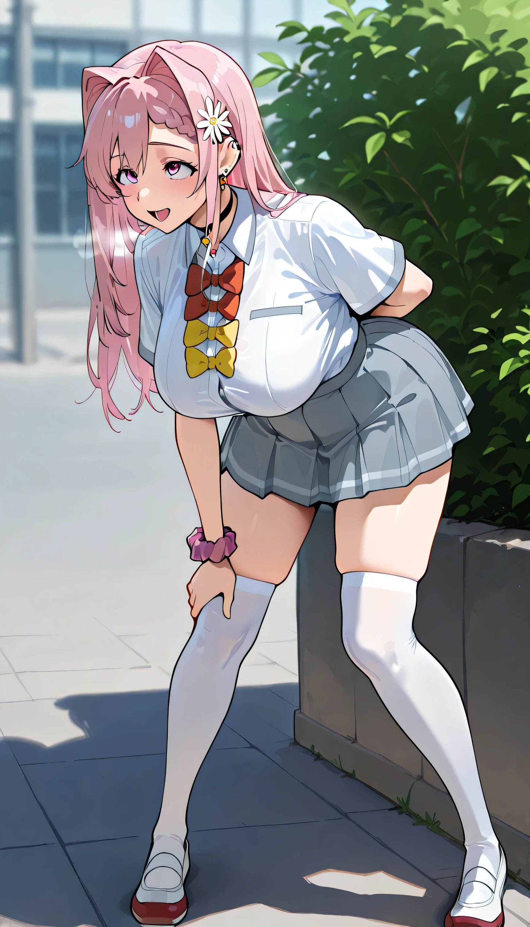 ( full body shot ), ((( front view))), , (boy with visible ribs), girls on the left, fit girl, mkhekare, 1girl, solo, bangs, pink eyes, long hair, hair intakes, braid, hair flower,large breasts, earrings, ear piercing, source_anime, masterpiece,Highest quality, huge chest, Fancy fixes,1人の girls on the left, jewelry, tie, earrings, school uniform, white shirt, short sleeves, bowtie:1.5, red bowtie, yellow bowtie, shirt tucked in, grey skirt, pleated skirt, kneehighs, shoes, Thigh High Socks, wrist_scrunchie , 大きなchest, choker, white_ shirt, open_mouth, collared_ shirt, Tied up_ shirt, 前hair, Alone_concentrated, schools_uniform, outdoor, shirt_Tucked _in, black_choker, scrunchie , sleeve_ wrapped_up, thighs are thick, is blurry_background, clavicle, white_Thigh High Socks, parted_前hair, skindentation on pancakes, exhausted , ((lean forward)), (Put your hand on your knee ), moans, heavy breathing, large breasts, In Danger, excited、 ahegao, white panties in s with foliage plants、beautiful lace panties、raise your legs、