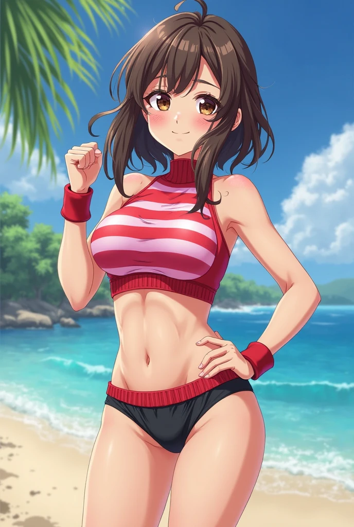 attractive korean woman, ripped muscle, muscular body, small breast, pale skin, smile(blush), bikini, sandals, thin necklace, sixpack abs, [ultra detailed skin:1.2], brown hair, wavy hair, 8k uhd, full body, crowd, public, night, sitting, spread legs,