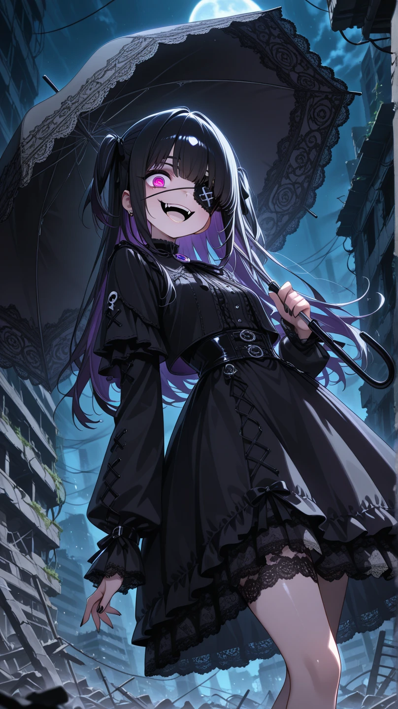 ((Girl fused with tentacles. Tentacles from the skirt)). School uniform. Black costume. A dark-haired. The long-haired. Cropped bangs. natta.two eyes sticking out of the head,,,,,. Invincible smile. Short skirt. Ruins