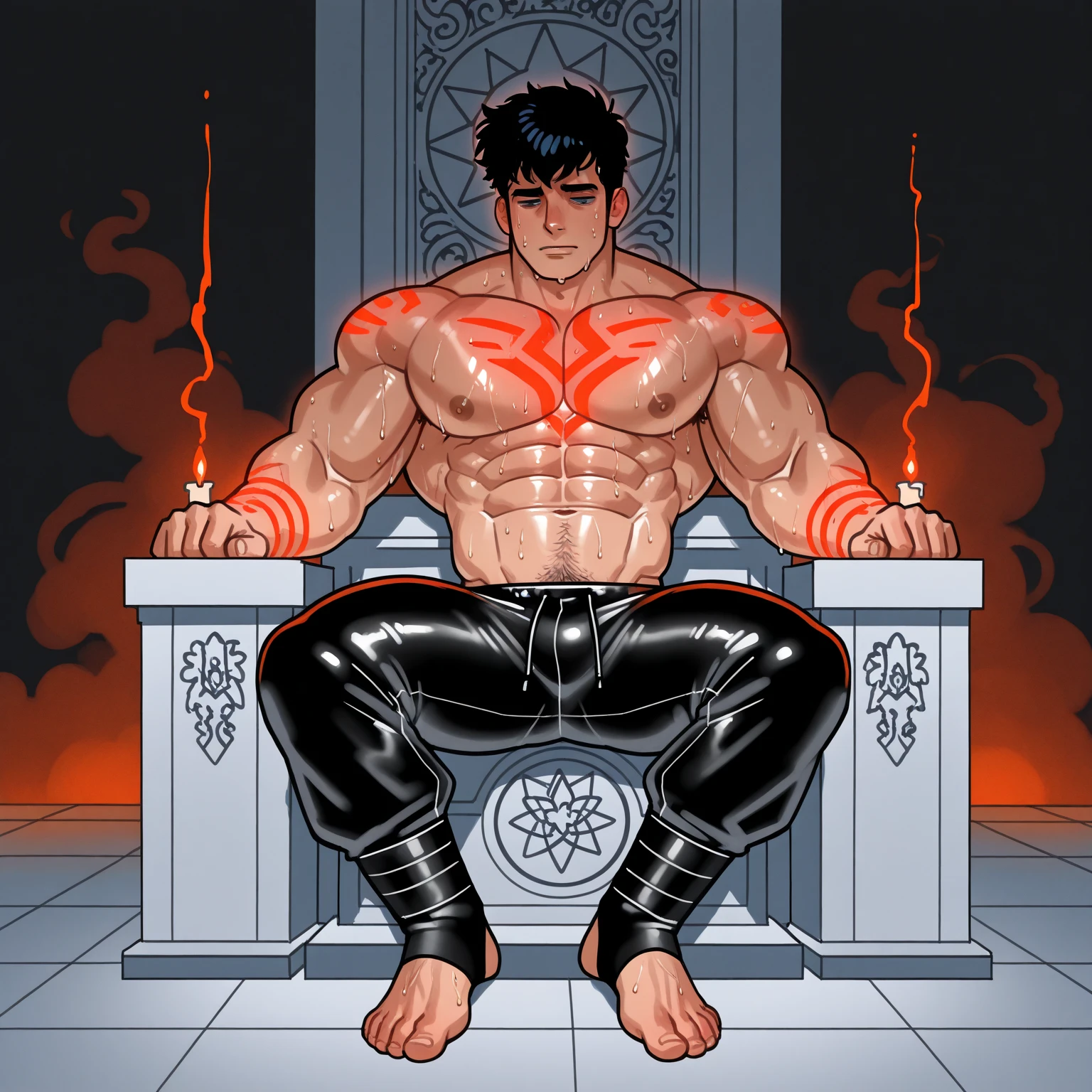 Relaxing on a fiery throne, the god of fire, a handsome man with black hair, exudes power with intense glowing red eyes and large pectorals. His pose is majestic, bathed in dramatic cinematic lighting, creating an atmosphere of divine authority. Large pectorals, open legs, large penis, big dick. Attractive male, sexy masculine, handsome male
