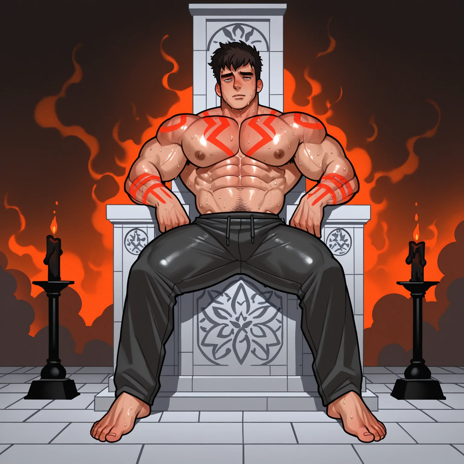 Masturbating on a fiery throne, the god of fire, a handsome man with black hair, exudes power with intense glowing red eyes and large pectorals. Jerking off, cumming, bathed in dramatic cinematic lighting, creating an atmosphere of divine authority. Large pectorals, open legs, large penis, big dick. Attractive male, sexy masculine, handsome male, ahegao