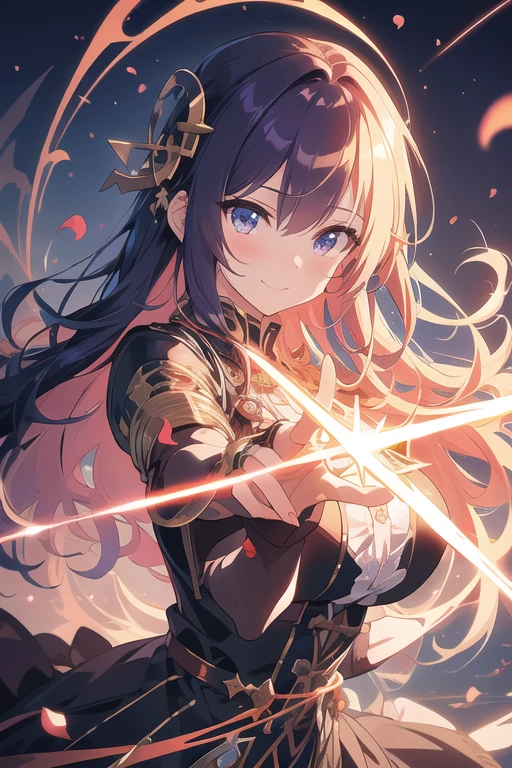 Masterpiece, Best Quality, highres, jacket, 32K, sharp focus, Close-up of chunibyo anime girl, Heterochromatic eyes (one gold, one blue), purple curly hair, ta Gothic dress with ribbons and lace, smug faces , magic gesture, dynamic pose, magical energy is glowing and swirling around the hand, Close-up, the starry night sky, ancient symbols and rising magic rings, ruins of Gothic castles, cherry petals, glowing beads, anime style, brilliant color, fantasy, background detail, impressive lighting, sharp lines, vivid darkness, by artgerm and wlop
