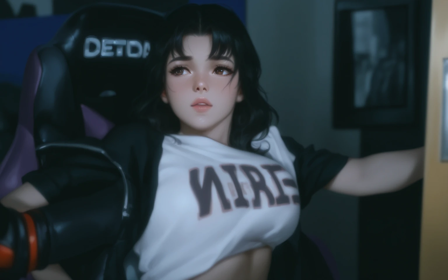 short black hair, with slightly messy bangs.  Dark, penetrating brown eyes.  Thin and marked build.  She wears torn black shorts, blue tennis shoes, and a pink navel blouse with straps. He has an axe in his right hand and a backpack on his back. Busty. 