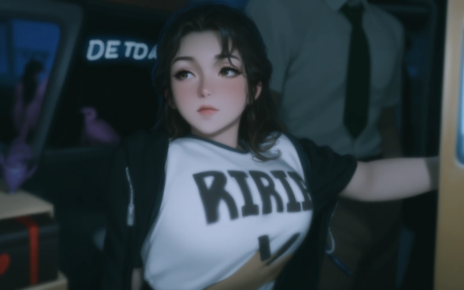 ((Best quality, 8k, Masterpiece :1.3)), Sharp focus :1.2, A pretty woman with perfect figure :1.4, Slender abs :1.2, ((Dark brown hair, Big breasts :1.2)), (White button up long shirt :1.1), City street:1.2, Highly detailed face and skin texture, Detailed eyes, Double eyelid