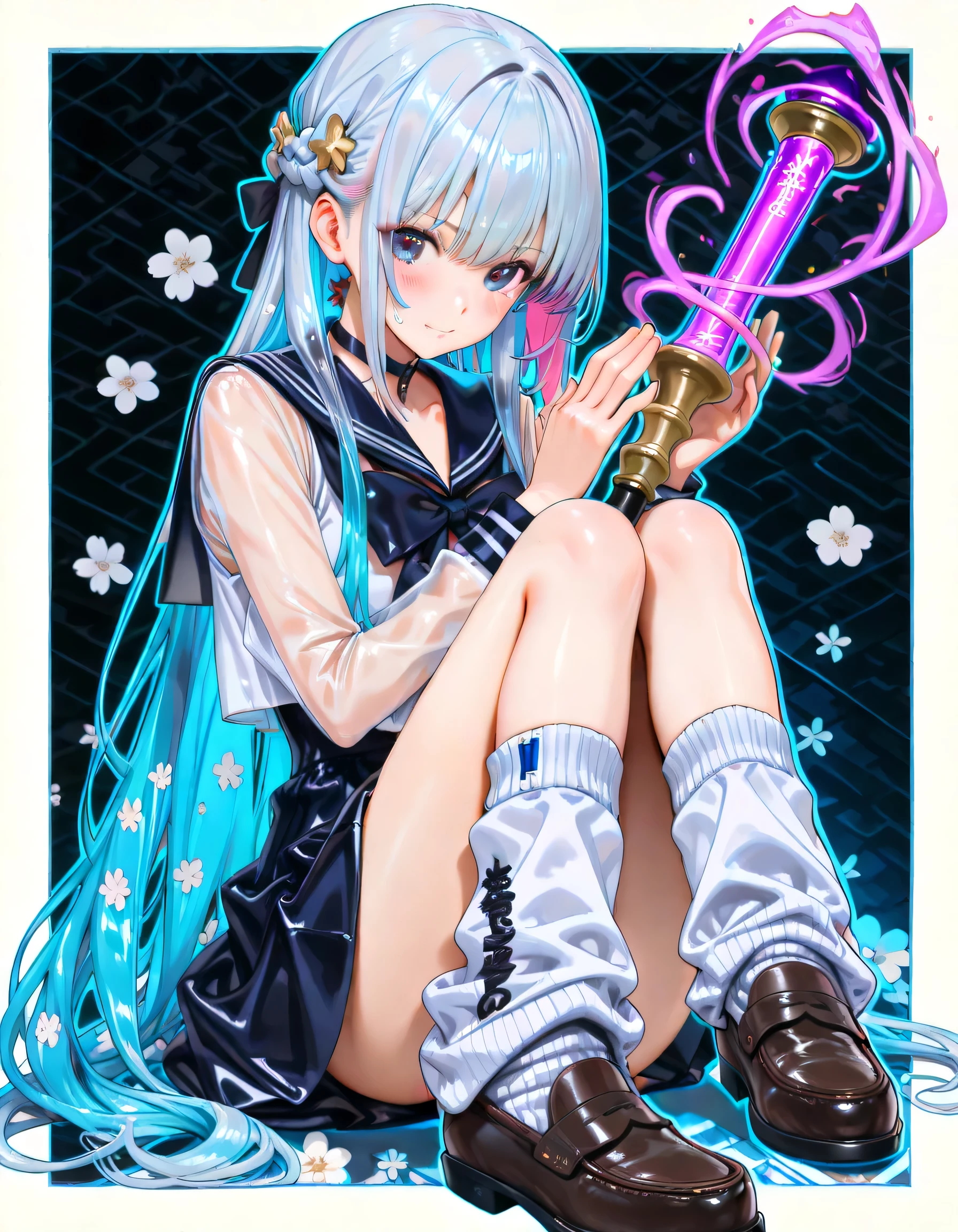 1girl,(((pretty face、face)))、(((best details、Best Composition、top quality、highest masterpiece、Super Detailed、High precision in selection、CG、HHD、32K)))、(((seven translucent hair colors)))、(((unique and only cute long hairstyle)))、(((simple black Japanese pattern background)))、(((Baroque)))、(((Height ２holding a large magic stick with both hands)))、(((cute and beautiful decorations with floral patterns are applied to the cane、A cute and beautiful decoration with a floral pattern is applied to the cane that shines in neon colors)))、(((sailor suit、loose socks、loafers)))、(((Bold neon color outline)))、