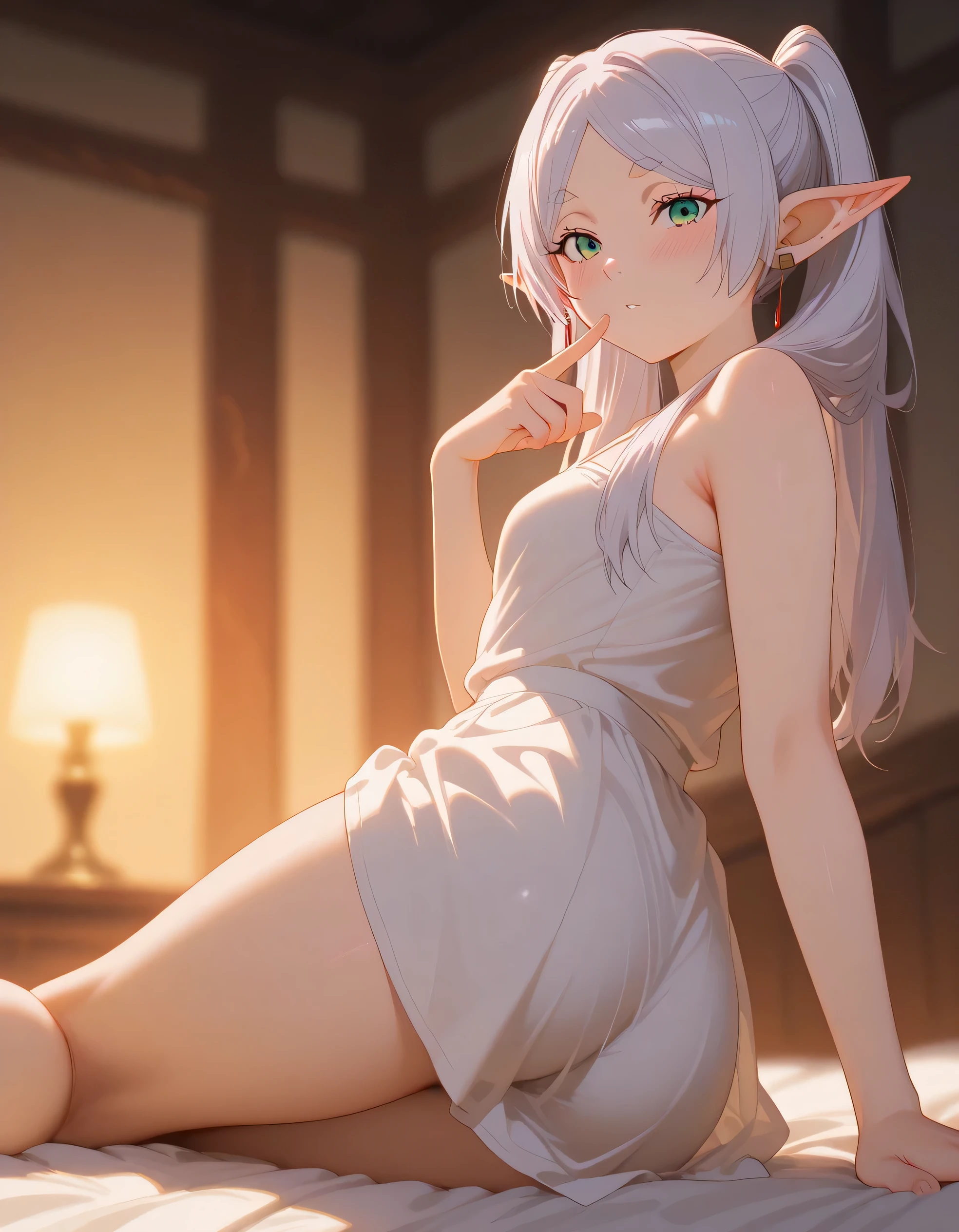 ((best quality)), ((masterpiece)), (detailed), semi realistic, 1girl, solo, depth of field, frieren, long hair, twintails, green eyes, grey hair, pointy ears, elf, small breasts, small breasts, thighs, blushing, all naughty, flirting, butt view, leaning to front, view, (side view:1.3), sitting on viewers face, sfw, one finger on lips sensualizing, very detailed clothes, clothes covering,