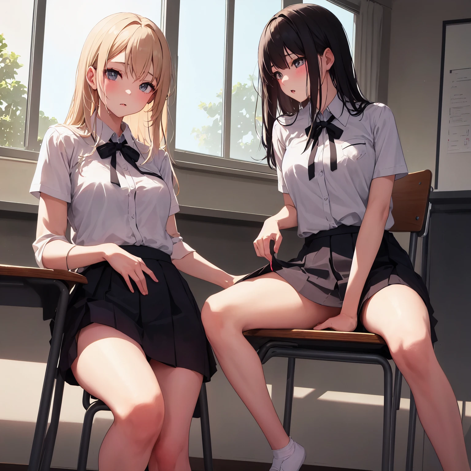 2 girls, smile, shirt, skirt, (small),((classroom:1.5))、、(blush:1.3)、((青いチェック柄のskirt:1.5))、Cowboy Shot、(skirt lift:1.3),(非常に詳細なpanties:1.3)、(非常に詳細な白いpanties:1.3)、、(skirt that rolls up:1.3)、(まる見えのpanties:1.5)、,((Pure white cardigan)),(((Luxury underwear)))、((Red embroidered underwear))),(((panties、Embroidery pattern)))、