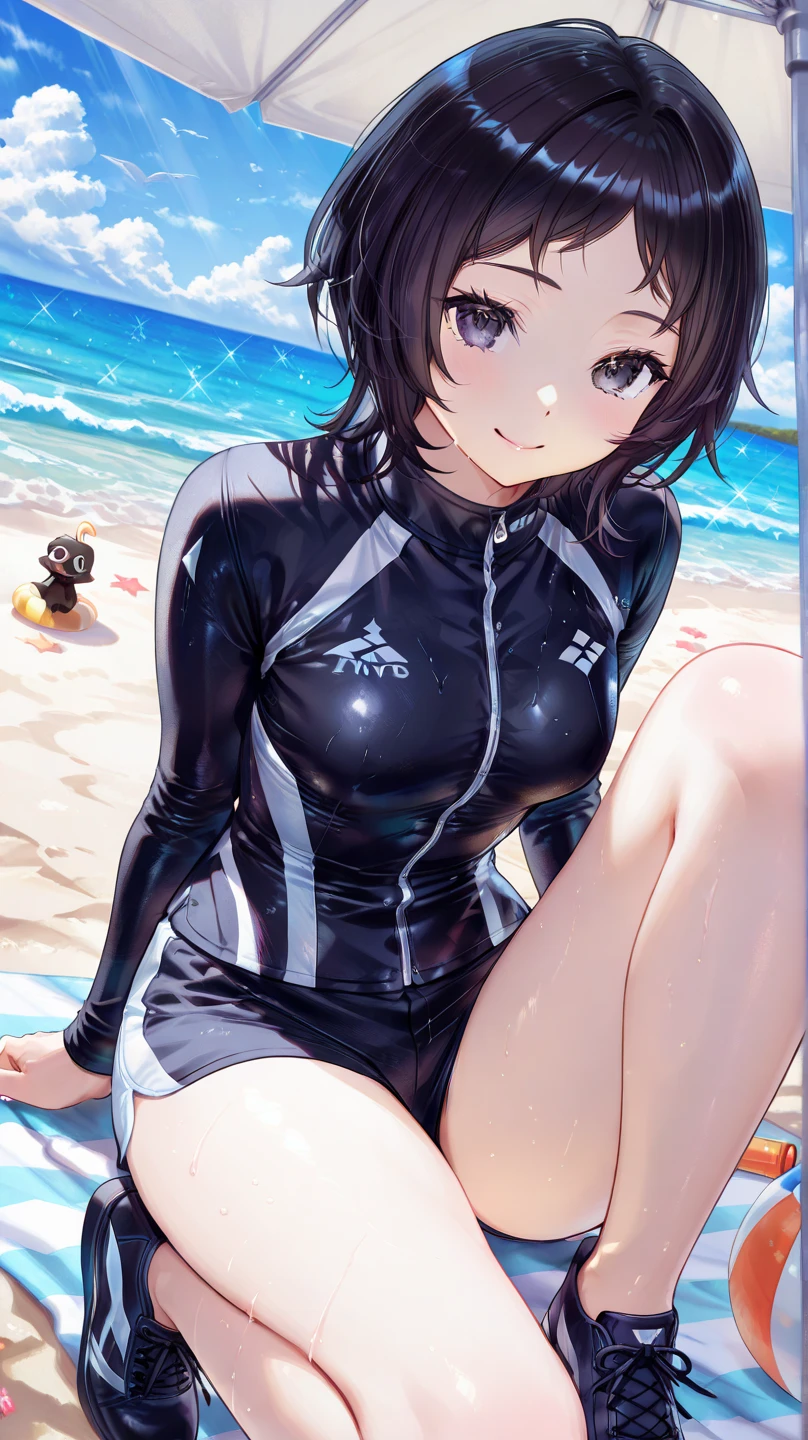 ランダムなポーズ、Random patterned swimsuit、Random patterned swimsuit,Swimsuit,Blushing、short hair、Black Hair、Pale purple eyes、Head to toe full body、Blushing、Embarrassed look、Composition from the front、A view from slightly below、school swimwear、Acme Face、Random pose、, 、nsfw、Highest quality、1 girl、solo、Ocean、Sandy Beach、Sexy pose、Random pose、Blushing、wet、Embarrassed、I can see half of my 、、One piece swimsuit、(Strap slip:1.3)、