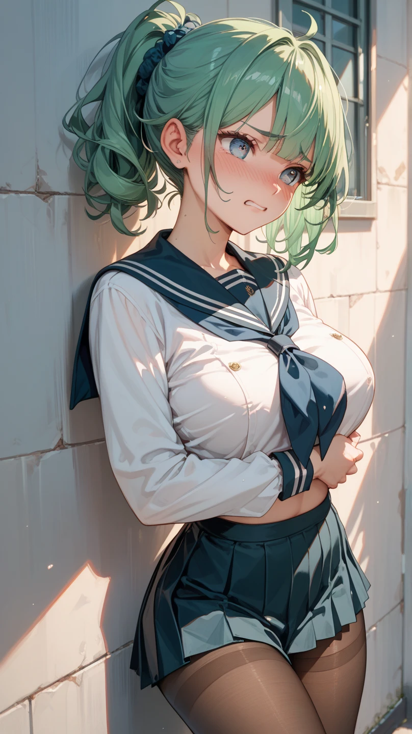 Maki: ore no imouto ga konna ni kawaii wake ga nai, 25-yers-old girl with short light green straight hair with flower hairpin on left bangs, light_brown_eyes, petite_body, average_breasts, seducing look, sexy sailor school_uniform with high heels, standind, class_room, sexy pose