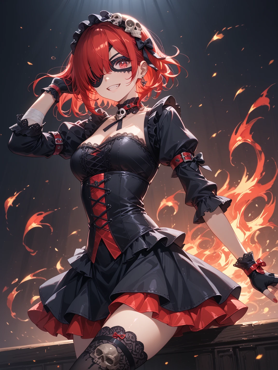 (masterpiece, best quality), 1girl, red hair, flaming hair, red eyes, flames, hands in flame, flame blade, red magic circle, red corset, black thighhighs, sidelighting, light particles, abstract,