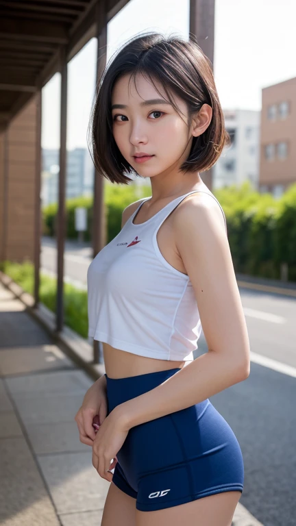 (Clothing:2.0, Long length white gym t-shirt:2.0, Black gym shorts:2.0, Knee-high socks:1.5, loafers:1.5), (playground:1.5), (Wet:1.5), ((A grin:1.2, Bobcut:1.2, slender:1.5, Small Ass:1.5)), ((Japanese, 1 Girl, 18-year-old, 7 heads, Ideal body proportions, Black Hair, With bangs, Small breasts, Erect nipples, slender, Small Ass, Beautiful feet, Skinny Legs)), Surrealism, Cinematic Lighting, Depth of written boundary, First Person View, Boobs F/1.8, 135mm, Ticker, Mastepiece, Curate, ((Anatomically correct:1.3)), Textured skin, Super Detail, High detail, High quality, Awards, Best Quality, High resolution, 8K