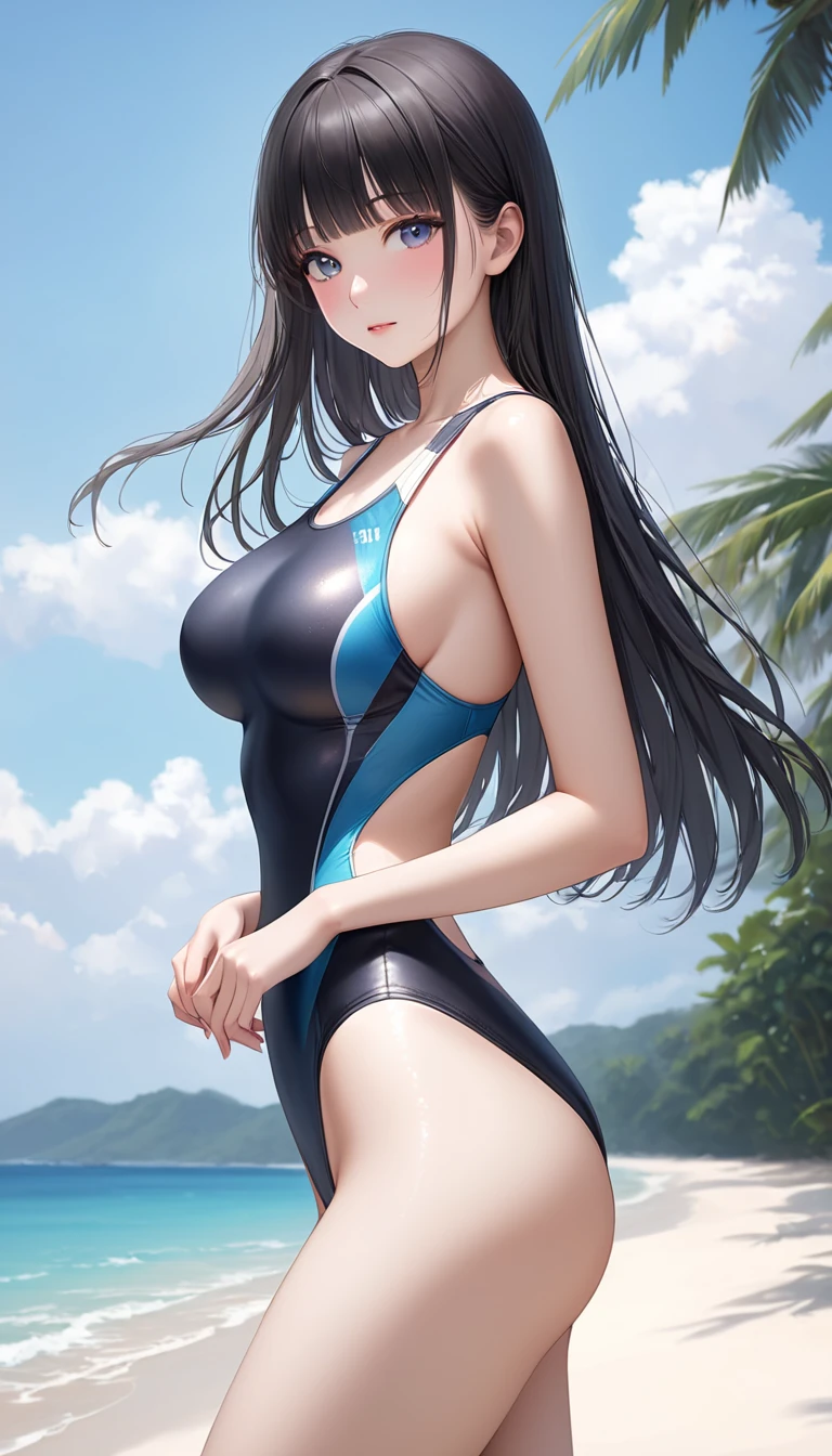 ((masterpiece,best quality,ultra detailed,high resolution)),(daytime,clear weather,bloom),looking viewer,((solo,beautiful-girl)),(black hair,straight hair),(beautiful detailed face,beautiful detailed eyes),(finely detailed skin,fair skin),slender,smile,(competition swimsuit),(on the beautiful lake,beautiful sky),medium breast,medium hip),leaning forward,from behind,back shot,
