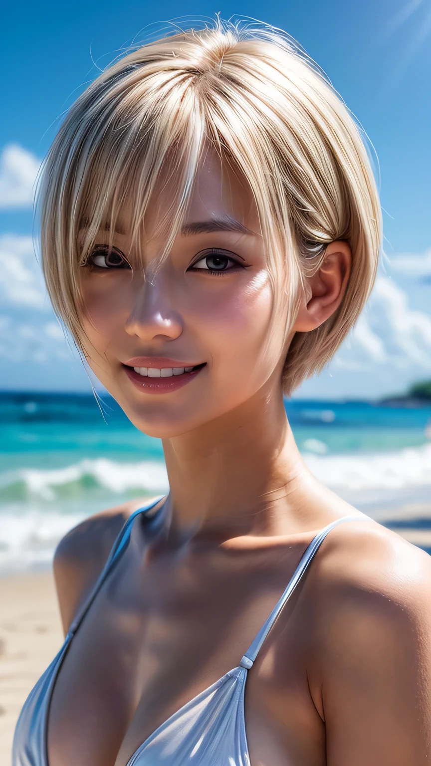 8k,Busty American woman playing on the beach,so beautiful(Like the real thing),Adult female,Blonde short bob,sexyな水着,ponytail,smile,masterpiece,Photorealistic RAW photos of the highest quality。Bright colors,Rich colors, Backlight, Cinema Lighting, Film Grain, to be born, 50mm lens, Nikon D850,Ultra-Realistic Skin,Fantasy art,Character Art,Ultra-high resolution,Realistic scale skins,Perfect hand shape,View your viewers,smile,Beautiful expression,close,Muscular and slim body,compensate,sexy,Dynamic pose,Blue Eyes,sexyポーズ,Accentuate your cleavage,White Bikini,On all fours,