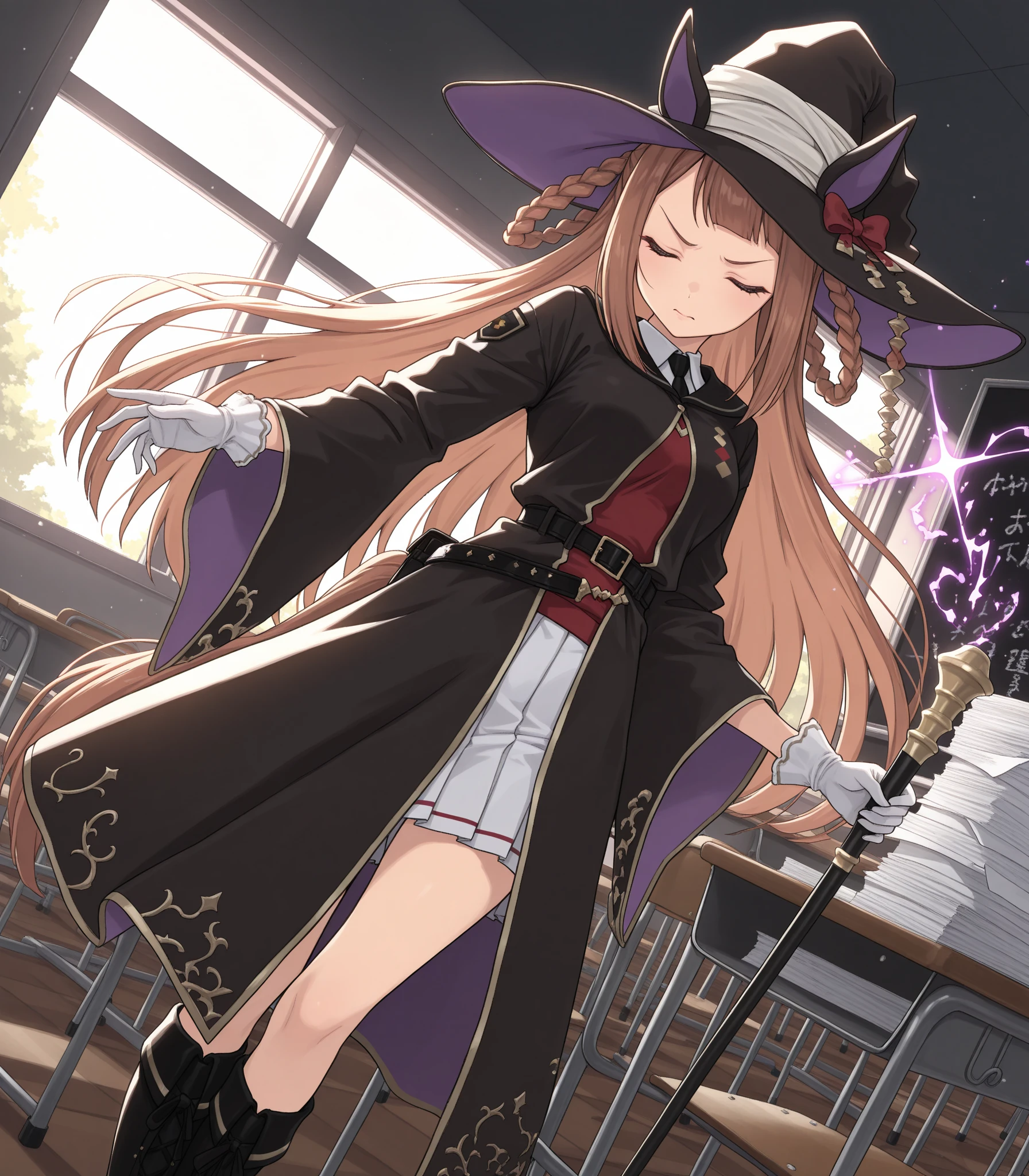 ​masterpiece、beste-Qualit、Best-aesthetic、ultra-detailliert、Sweep Tosho\(Umamusume\)、witch's hat、Black hat、Black tie、shirt with collar、Red Shirt、white glove、Wide sleeves、Black jacket、black robes、buckles、a belt、White skirt、pleatedskirt、black thighhighs、Thigh boots、High heeled boots、sitting on、pantyshot、POV crotch、white  panties、crotch seam、Slouched、feet crossed、nice hand、A smile、Open mouth