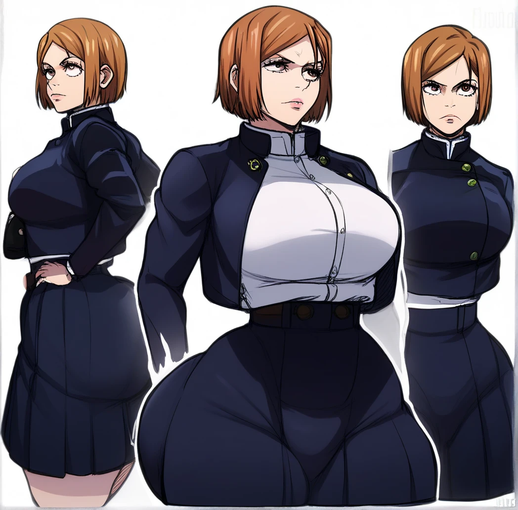 Nobara Kugisaki from Jujutsu Kaisen wearing a Power Girl costume、25-years old、Beautiful legs with big breasts、Standing、Brown hair、short-hair、hight resolution、8K、Coordinate the bite、beauitful face