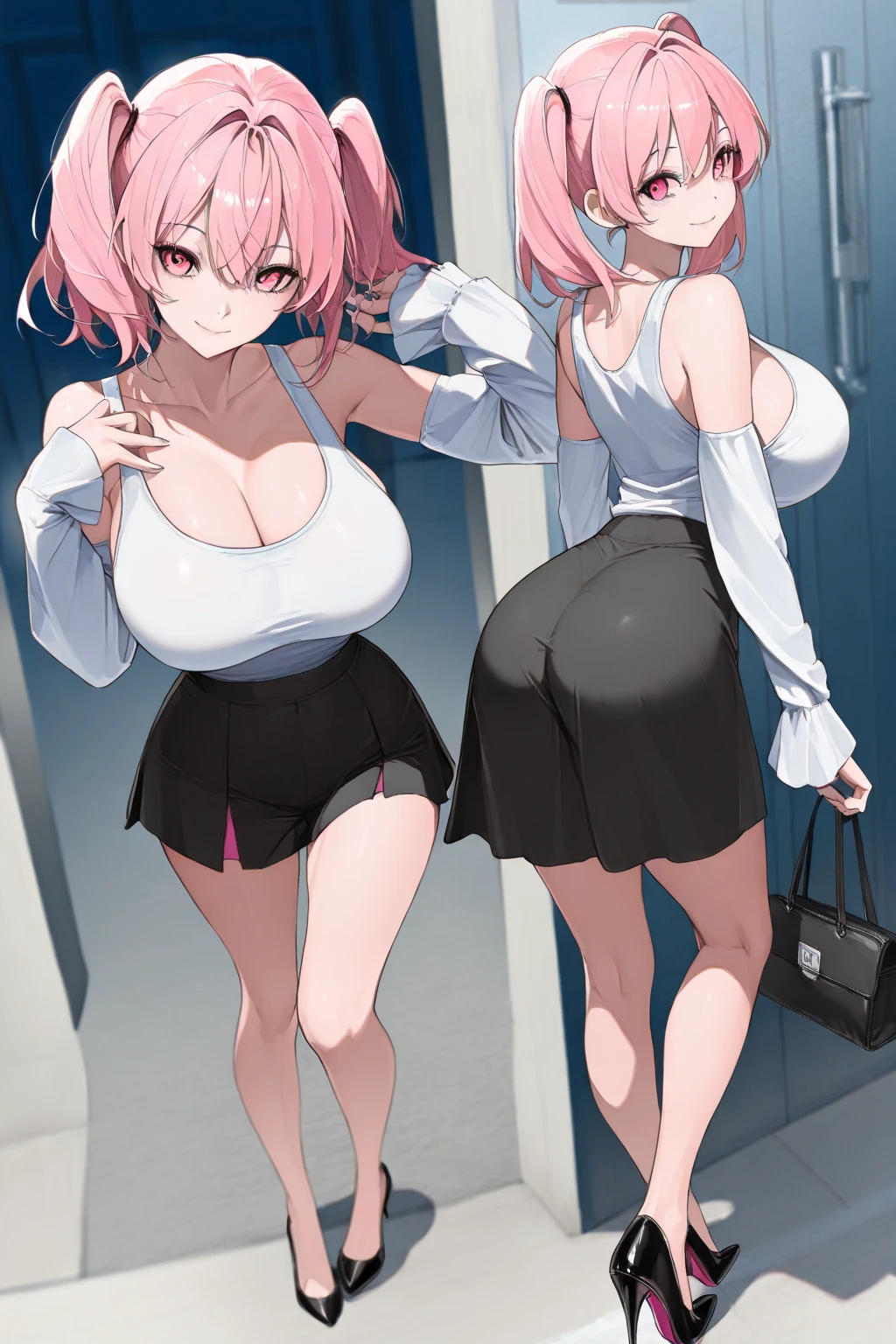 (A beautiful woman with pink hair sits down with her legs open and her breasts exposed in a provocative pose),(Big Breasts 1:2),black tights,((White short pleated skirt)),(Large sweater),Waistline,Looking up,Hands behind your head,My crotch is so wet,blush one's cheeks