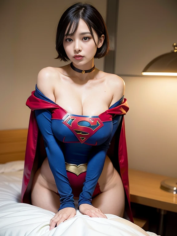 masterpiece、Rubber Supergirl Costume、Short Hair、Hospital operating table、Crisis situation、Big and ample breasts、looking at the camera、Shiny、Off the shoulder、choker、Long sleeve、exy poses to seduce、Sweaty skin、Model Body Type、Alluring、charm、Enchanting、Abused、test subject、victim、Wild、Photorealistic、latex、Expose your belly、athlete、High leg leotard、Photo magazine cover、Red cloak、Beautiful thighs、wallpaper for pc、