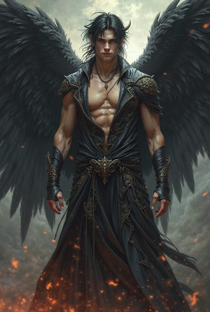 Design a tattoo of a lucifer angel with horns and a muscular body 