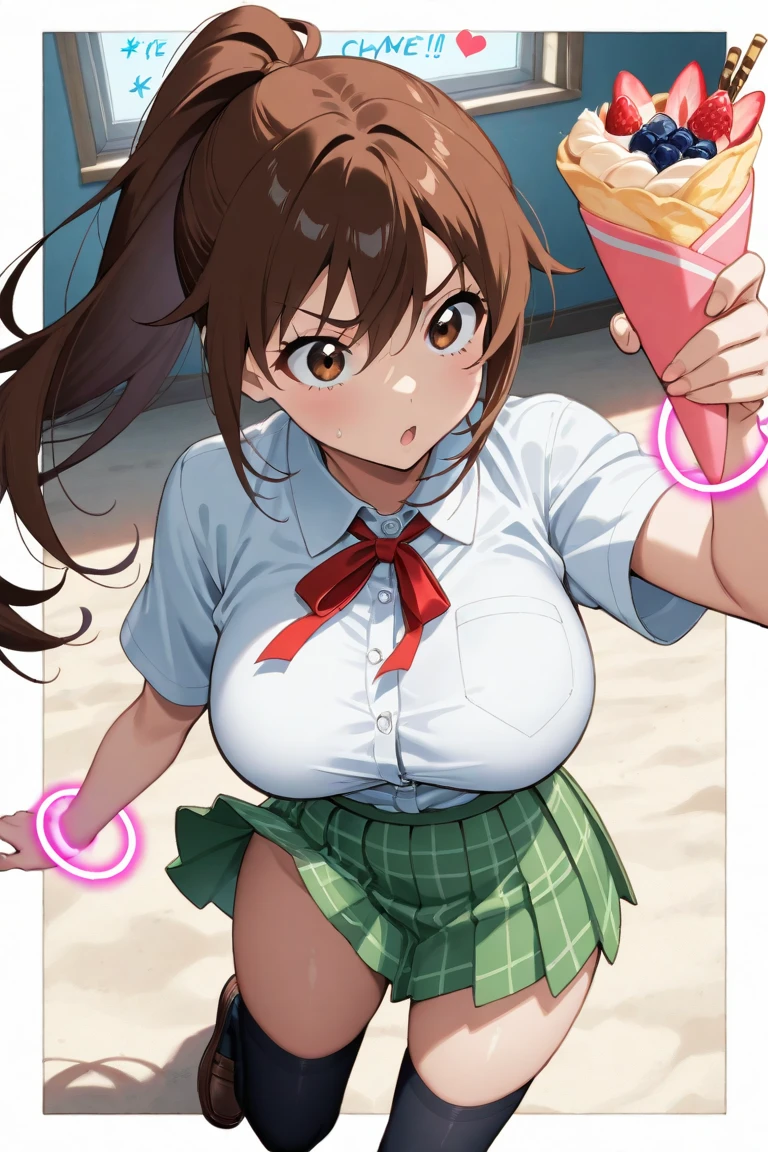 a beautiful and detailed character portrait of ochako, brown hair, , pantyhose, green skirt,grey coat, tie, , smile, trees, ((flowers)), bushes,solo, cinematic lighting, shaded, sit, park, sex, penis in mouth, blowjob ((solo bikini trasparente)) (comiendo  un helado blanco metiendolo en su boca y toda en parada de helado)