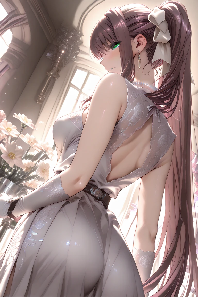 ((Highest quality))、((masterpiece))、(detailed)、((Anatomically correct))、(High resolution、8k)、Two Women、(kiss:1.3)、Two people looking at each other、Half-closed eyes、cowboy shot、 (Beautiful Eyes:1.2)、Gothic Dress、Gorgeous garden with blooming flowers、Petals fluttering、Blue sky、F Cup、Slipping、Nipples、(grabbing breasts:1.1)