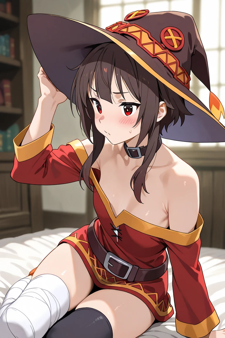 (Best Quality, Masterpiece),sexy,  erotic, 1girl, 18 years old, Contempt, pride, short brown hair, ((closed eyes)), looking up, ((arrogant smile)), arrogant, medival tabern, sweat, ((pov panties)), witch hat, official outfit, small breasts, black panties, standing, skirt lift, angry