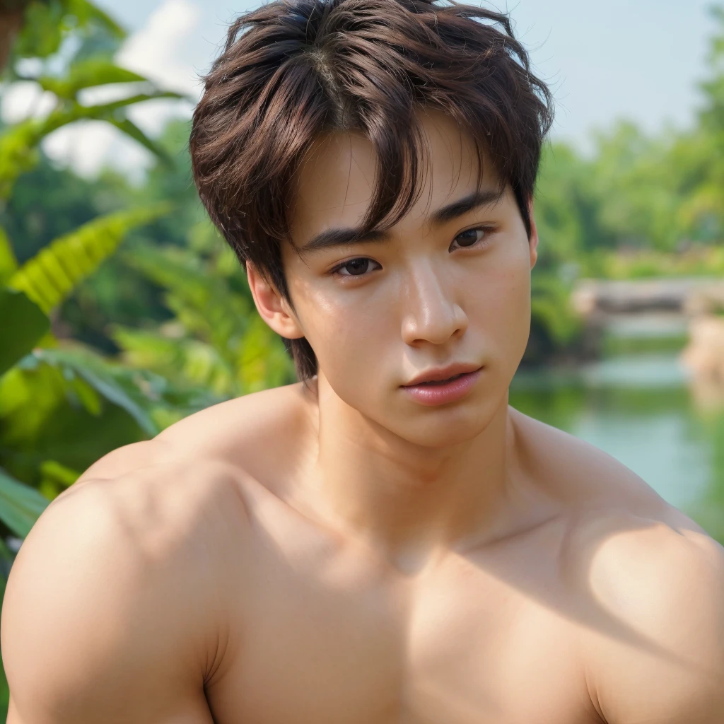 Jungkook, (masterpiece, best quality), 1man, muscular, bright colors, (depth of field: 1.2), sunlight, bright, high exposure, 1boy, male focus, asian, solo, male high school, light skin, nude, penis, muscular, handsome, outdoors, bathing with steam, hot spring, hot spring, sweat, look at the audience, depth of field, bokeh, detailed background, detailed lighting, diffuse natural sunlight, diffuse natural skin shine, symmetrical eyes