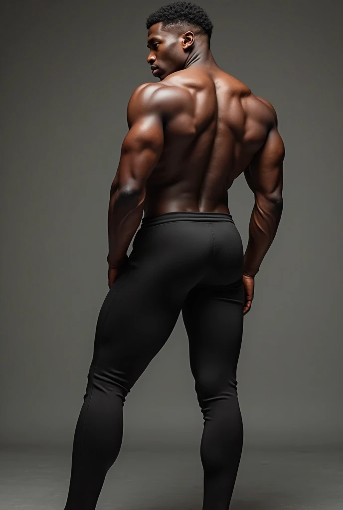 a black man standing with his back turned to the camera and his face facing the camera. He is wearing a black thong showing off his large butt.