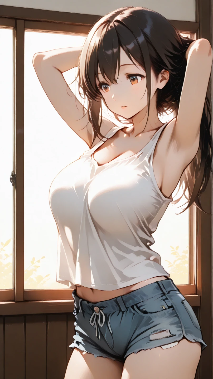 (lifelike, high - resolution:1.3), 1 girl with a perfect body, Super fine face and eyes,slong hair, Tank top of random colors:1.2, short jeans, big boob,Expose cleavage