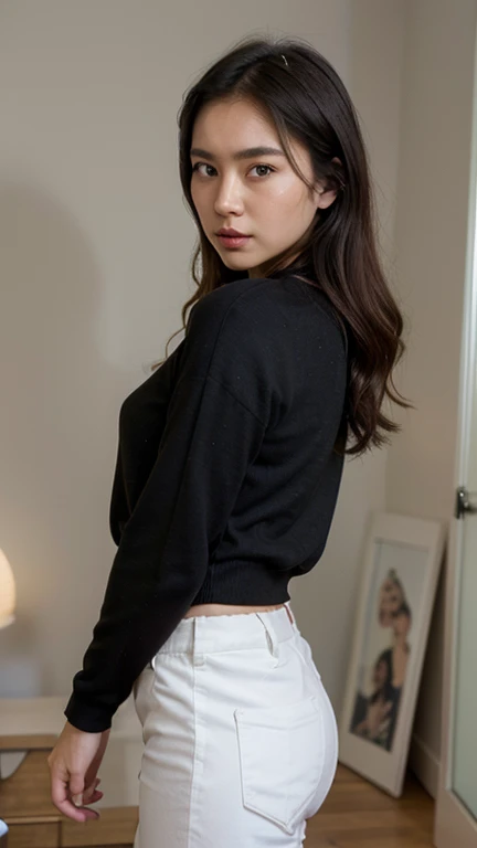 create ultrarealistic, hyperdetailed, anatomically correct 13 year old girl (dark brown and somewhat messy hair, Beautiful, innocent, small) full body selfie, from the back looking in a mirror (front camera of a phone) in bed, wearing a baggy black sweater, with light jeans  ((the image has to make sense anatomically)) (the background has to have an acoustic guitar)
