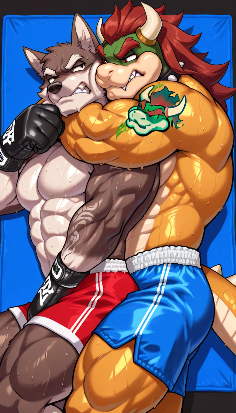 Duo male(Crocodile vs crocodile, Greens, handsomes, tails, scales, Thick eyebrows), gay(Lying down, Stomped, embraced, cuddling, hot abs frottage, face to face, kissing each other, on a UFC match), hot(Shirtless), handsomes(They are handsomes, correct anatomy), musculosos(Big muscle bodies, Six packs, muscle abs, big pecs, muscle backs, muscle legs), sweaty(very sweaty wet bodies, shiny sweat), tatuajes(they have tattoos), Grumpy(Both have an grumpy expression, growling, grumpy teeths, steaming breath), UFC gloves(They both are wearing UFC gloves), UFC boxers(They both are wearing UFC boxers), Hight resolution, by(Zourik:1.1) 