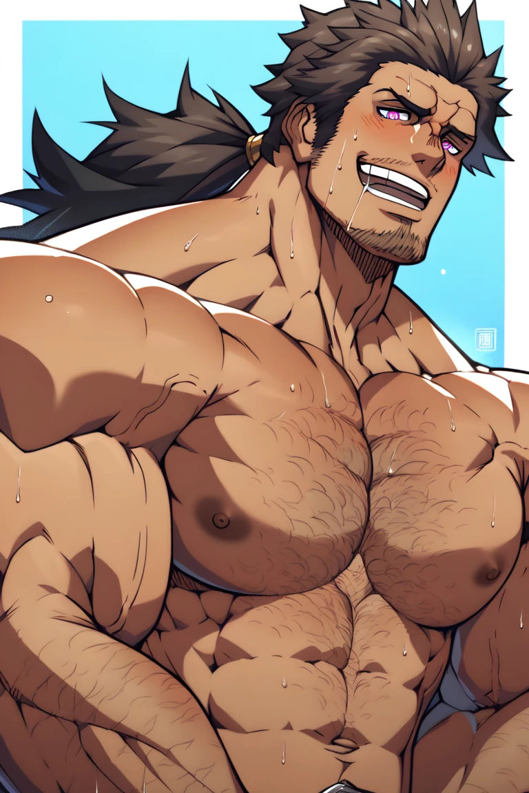 Hairy muscular dragon man enjoying rubbing his penis