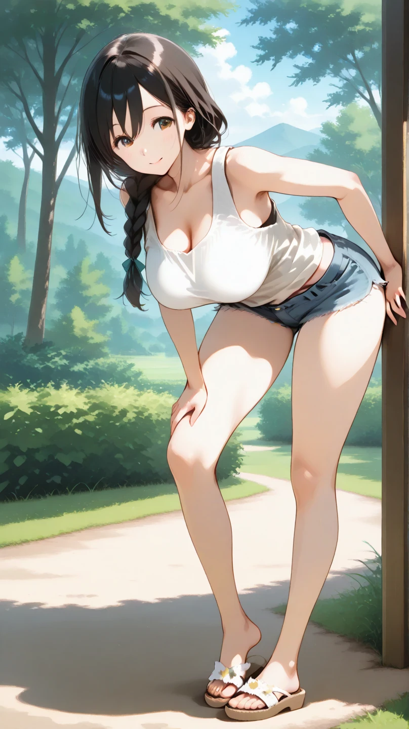 A girl in a garden,feeling the summer sunshine,with black hair,ponytail and wearing a miniskirt,standing with her legs apart,leaning forward,placing both hands on a hydrant. (best quality,4k,8k,highres,masterpiece:1.2),ultra-detailed,(realistic,photorealistic,photo-realistic:1.37),illustration,beautiful detailed eyes,beautiful detailed lips,extremely detailed eyes and face,long eyelashes, cheerful expression, vibrant colors,soft sunlight,Open-chested clothing