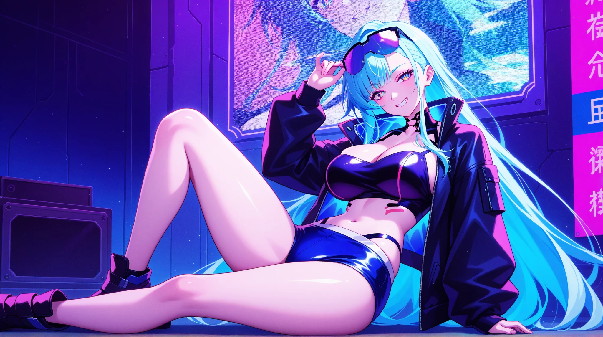 masterpiece, best quality, girls, slender, blue eyes, hair color, iridescent, long hair spreading, white skin, blood vessels on arms and chest, medium breasts, cute, sexy, futuristic, cyberpunk, bikini, skin exposed, night, psychedelic, trip, super colored, paisley theme, open legs, full body