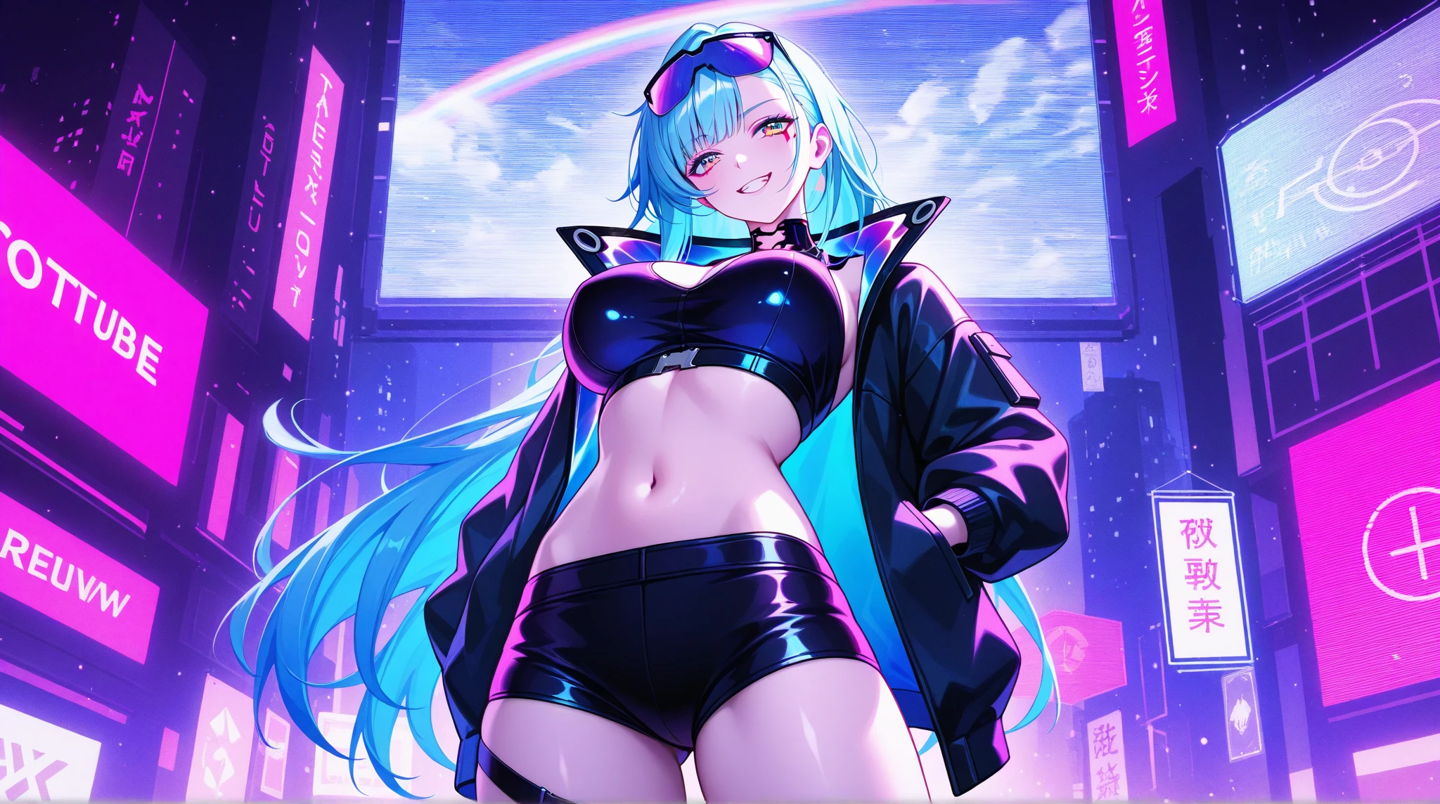 Uma has long and curly neon blue and indigo hair that reaches her knees. She also wears subtle pink and purple eyeshadow with light pink lips, and has a small purple broken heart drawn under her left eye. Her first outfit is a deep neon blue crop top with matching sequins and a white mesh trim with a black belt. Her pants are half black and half neon blue plaid with tons of silver zippers and chains on them. She pairs them with neon blue stilettos that say "SH". She wears a black police hat with the word "Shadow" in silver.